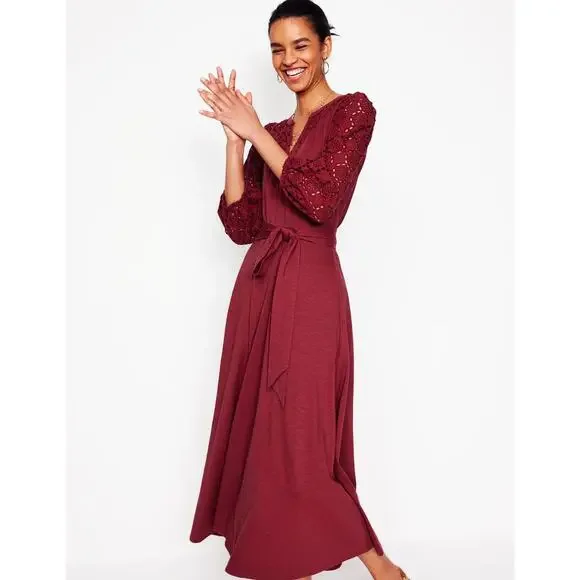 Boden Eden Broderie Jersey Puff Sleeve Midi Dress Garnet Red Women's Size 8P - Picture 2 of 11